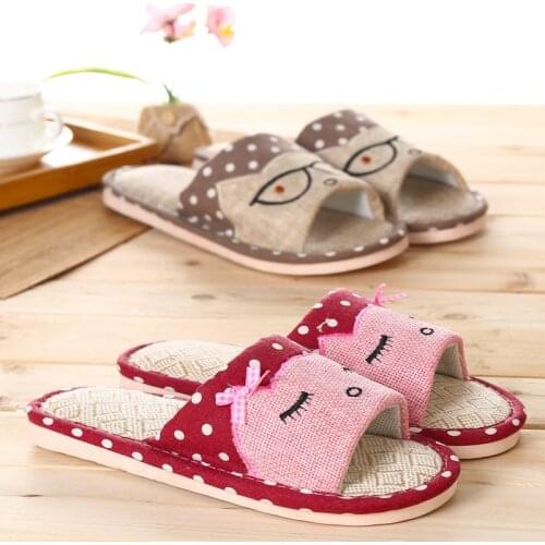 Shoes women High quality flax slippers women 2020 New style home linen Striped slip slippers summer cartoon glasses floor