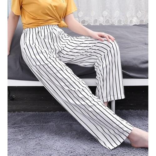 OUMENGKA Cotton Women Casual Pants 2021 Fashion Loose Ankle-Length Pants Elastic Waist Straight Striped Trousers Pantalon