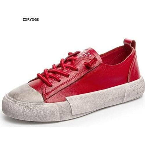 2021 High Quality Full Genuine Leather Sneakers Women Casual Shoes Flat Thick-soled Lace-up Trend Shoes Sneakers Black Red White