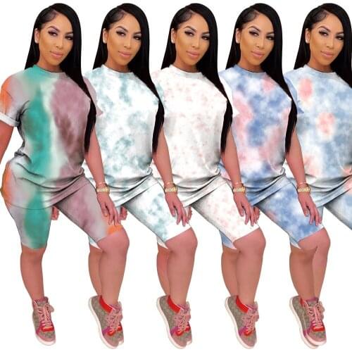 Women Tie Dye Short 2 Pieces Sets Tracksuit O Neck Loose Tops and Short Pants Sport Suit Matching Sets Summer Casual Clothings