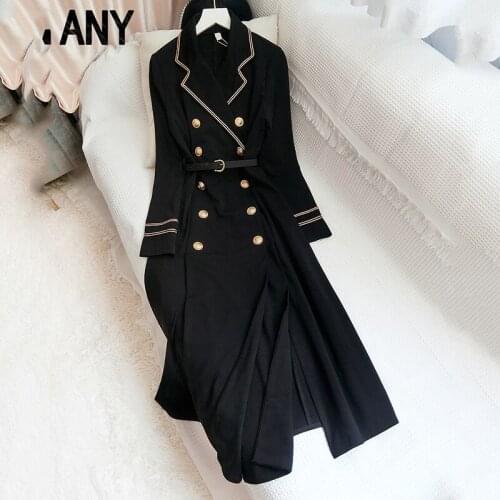 Spring autumn new French retro temperament mid-length dress high-end Hepburn style double breasted black waist dress women s72