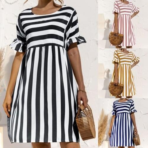 2021 Summer New Fashion O Neck Womens Dress Casual Loose Solid Short Sleeve Ruffle Patchwork Pocket Ladies Stripe Dress