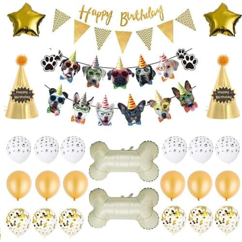 35Pcs/set Dog Birthday Party Supplies Dog Paw Print Bone Foil Balloon Happy Birthday Dog Face Banner for Pet Themed Party Decor
