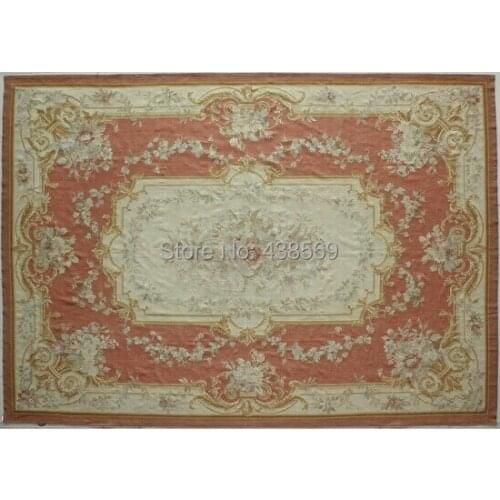 Free shipping 10'x14' traditional hand knotted aubusson woolen rugs, beige and red floral design