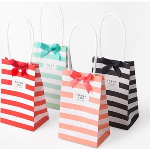 12Pcs Paper Striped Gift Box Mini Handle Bag Candy Cookie Present Packing Favor Kraft Bonbonniere Wedding Party Goodie Bags