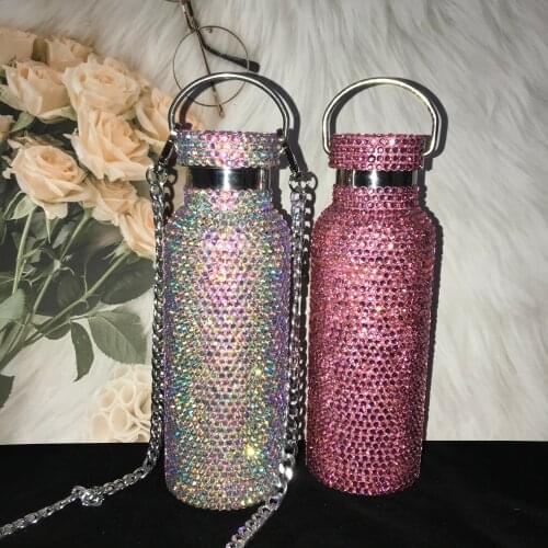 Colorful Diamond Thermos Bottle with Shoulder Chain 304 Stainless Steel Water Bottle Vacuum Flask Coffee Mug for Dropshipping