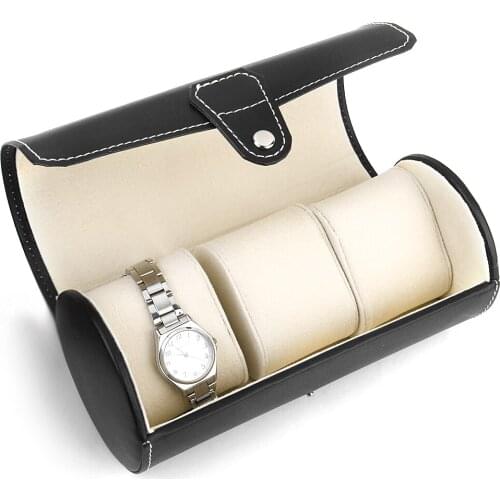 Travel PU Leather Cylinder 3 Watch Storage Case Jewelry Box Organizer Holder