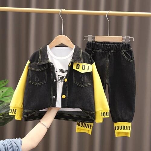 Spring Baby Boys Fashion Gentleman Denim Coat T-shirt Pants 3Pcs/Set Childrens Long-sleeved Kids Suits Set 1 2 3 4 5 Years