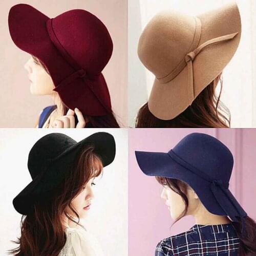 Retro Autumn Winter Felt Hats For Women Bucket Caps Soft Vintage Wide Brim 10CM Wool Felt Bowler Fedora Hat Womens Large Hat