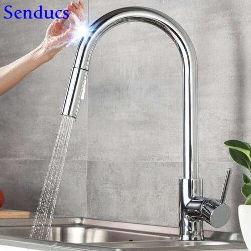 Chrome Touch Kitchen Faucet Senducs Pull Out Sprayer Kitchen Mixer Tap Touch Sensor Kitchen Faucets Activated Hot Cold Faucets