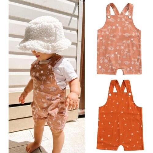 FOCUSNORM 0-3Y Summer Kids Girls Boys Rompers Sun Moon/Tree Print Sleeveless Suspenders Jumpsuit 2 Colors