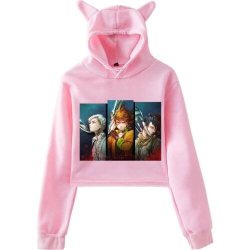 Anime The Promised Neverland Crop Top Hoodie for Girls Harajuku Cropped Sweatshirt Streetwear Hip Hop Long Sleeves Pullover Tops