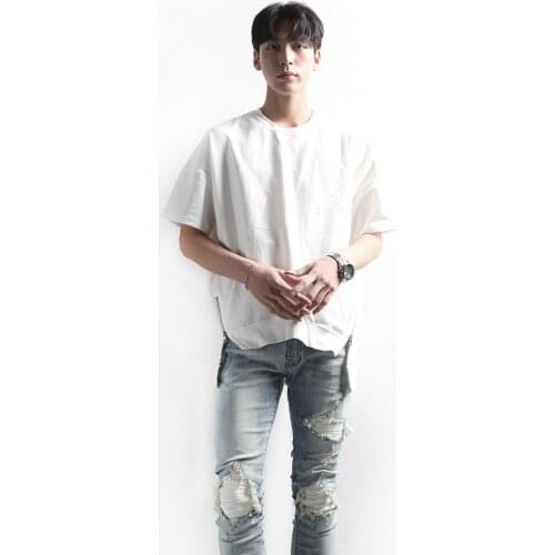 Summer mens T-shirt high street style casual loose irregular twill zipper Short Sleeve T-Shirt Large Size Top