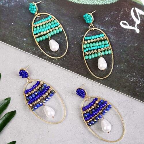 Fashion Womens Oval Copper Circle Drop Earrings Creative Bohemian Ethnic Acrylic Crystal Pearl Handmade Dangle Earring Jewelry