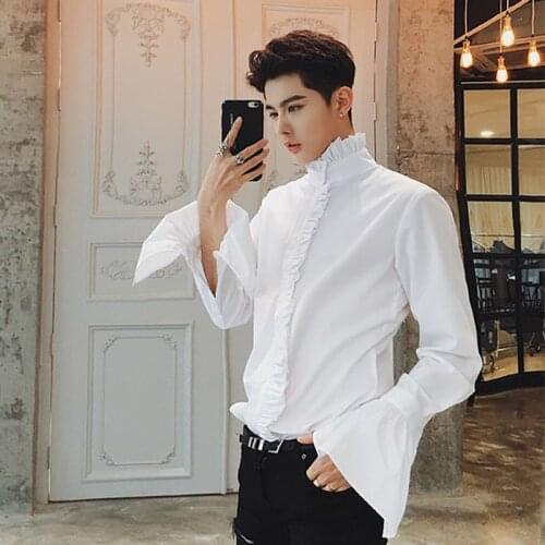 Mens Ruffles Shirt White Black Long Sleeve Flare Sleeve England Style Club Shirts Hairstylist Stand Collar Blouse V12