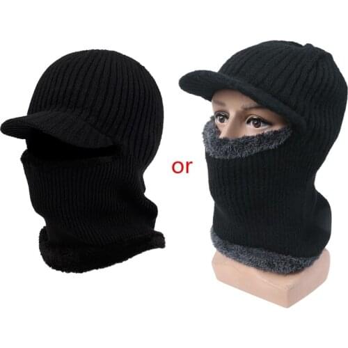 Men Winter Knitted Balaclava Beanie Hat with Windproof Visor Thermal Plush Lining Neck Warmer Cycling Ski Mask Hood Cap