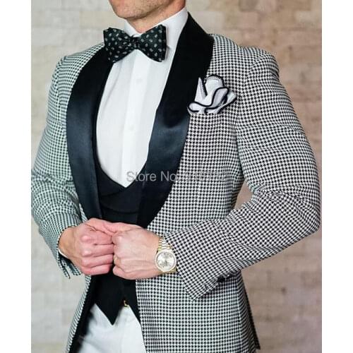 Suit Men 2019 Costume Homme Mariage 3 Pieces Suits Houndstooth Jacket With White Pants Designers Terno Masculino Slim Fit