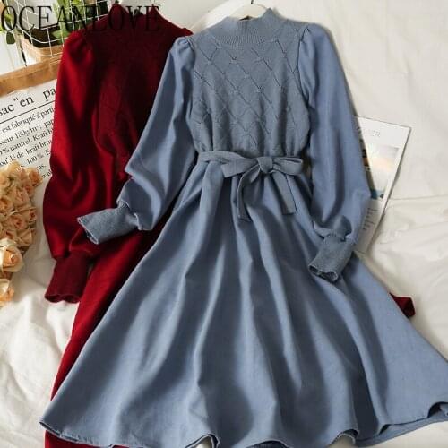 OCEANLOVE Knitted Women Dresses Patchwork Bandage Vintage Half High Collar Vestidos Autumn Winter A-line Roupas Femininas