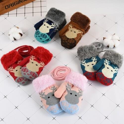 Peacock Blue Autumn Winter Baby Warm Gloves for Boys Girls Thickened Christmas Deer Knitted Gloves Kids Mittens Lanyard Gloves