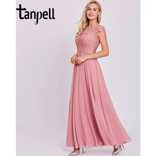 Tanpell appliques prom dresses peach cap sleeves lace floor length a line gown cheap women scoop evening formal long prom dress