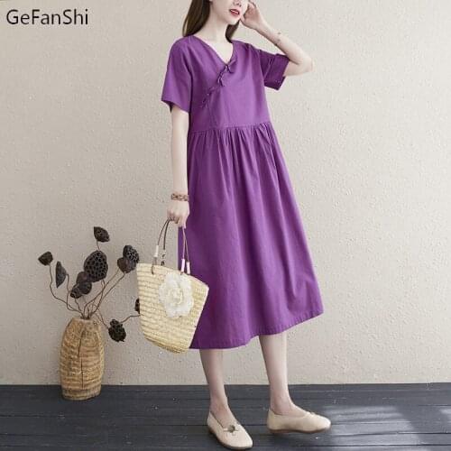 2021 New Summer Women Dress Loose Casual Short Sleeve V-Neck Solid Cotton Linen Fashion Elegant Lady Dresses Vestido Green