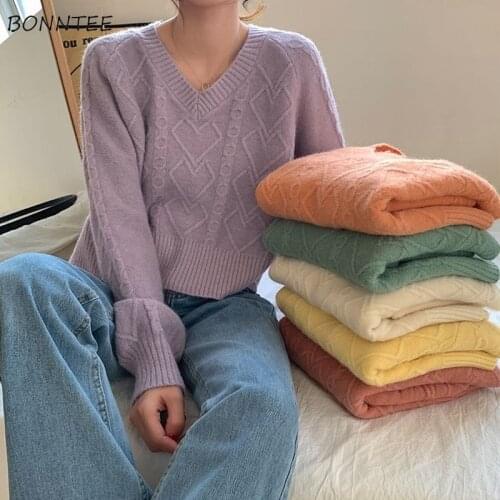 6 Colors Pullovers Women Solid Heart-shape Korean Style Brisk Simple Basic V-neck College Teenager Spring Ulzzang All-match Ins