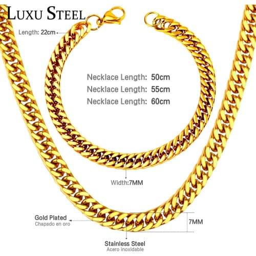 LUXUSTEEL Stainless Steel Chains Bracelets Sets Women Men 7mm Long Chains Necklace Hiphop Jewelry Party Wedding