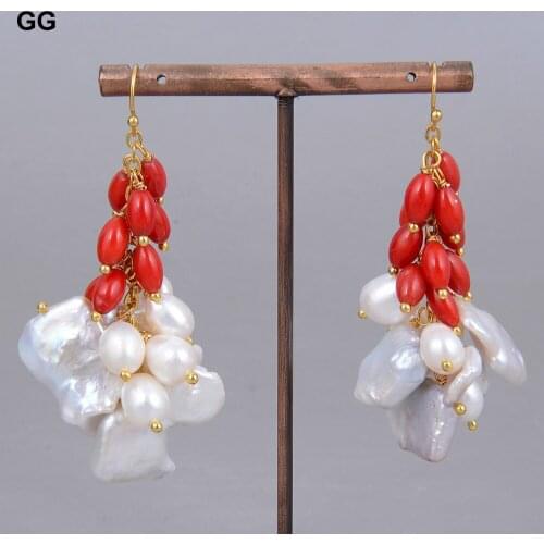GuaiGuai Jewelry Natural White Cultured Keshi Pearl Red Rice Coral Hook Earrings For Women