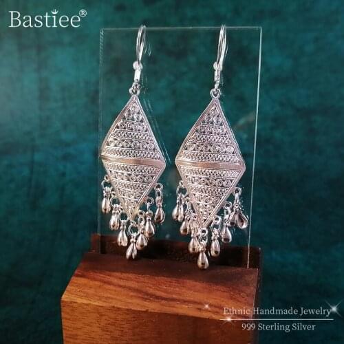 Bastiee 999 Sterling Silver Geometric Drop Earrings Bohemian Tassel Women Handmade Earing Gypsy Ethnic Fine Boho Jewelry Luxury