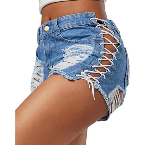 2019 New Sexy Summer Women Denim Shorts Black Blue High Waist Ripped Short Jeans Femme Tassel Lace Up Bandage Hotpants