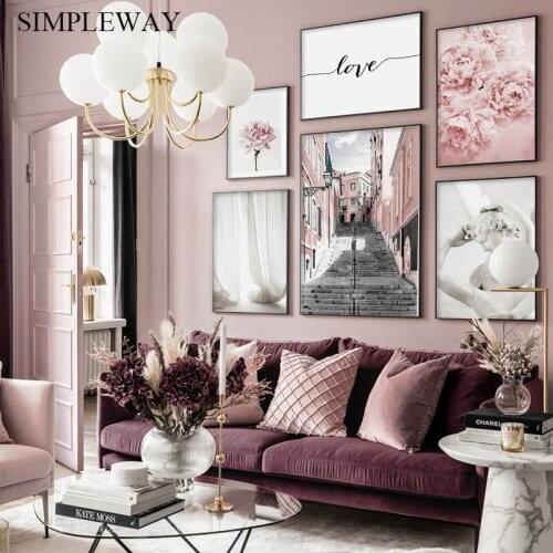 Nordic Statue Architecture Landscape Wall Poster Pink Flower Canvas Art Print Painting Simplicity Picture Modern Home Decoration
