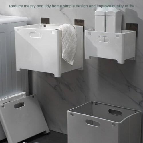 T3EC Nordic Style Foldable Laundry Basket Wall Mount Punch-Free Plastic Hanging Storage Box Bin Bucket with Handles Bathroom