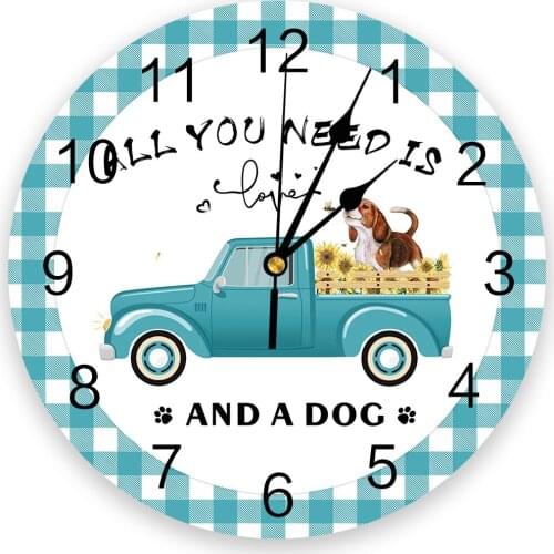 Dog Sunflower Truck Plaid Round Wall Clock Modern Design Home Living Room Decoration Childrens Room Kitchen Table Clock
