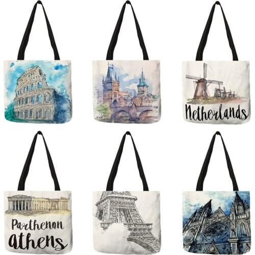 Watercolor Famous Building Painting Print Shoulder Bag For Lady Double Printing Women Handbags Shopping Bags Foldable B13032