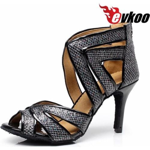 Evkoodance High Height 8.5 cm US 4-12 Black PU With Black Shiny Salsa Latin Dancing Shoes For girls Evkoo-498