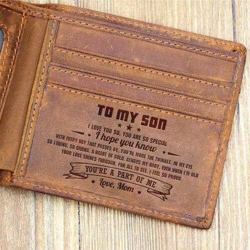 VE2001-2015 MUM TO SON Engraving Laser Mens Boys Wallet Genuine Leather Purse Card Holder Bifold Vintage Wallets Purses Gift