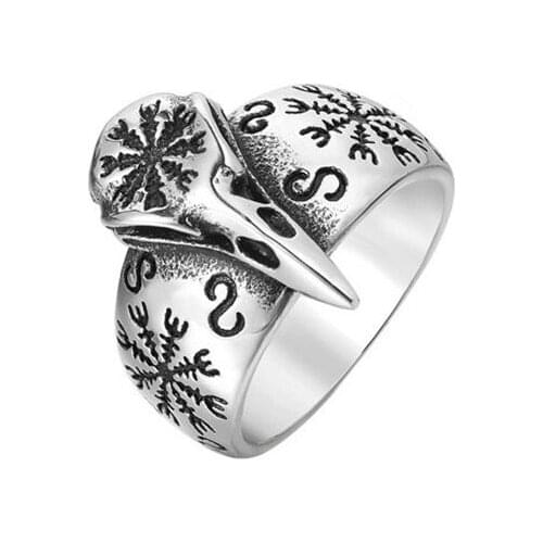 Viking Crow Skull Ring Stainless Steel Crow Head Aegishjalmur Rune Fashion Mens and Womens Accessories Ring Viking Jewelry