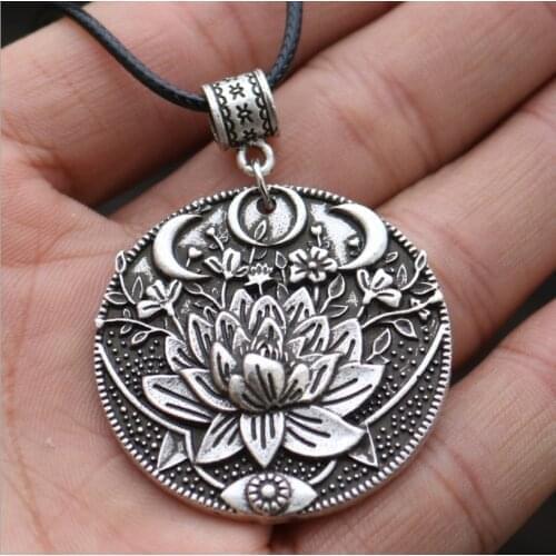 Vintage Punk Viking Style Lotus Moon Pendant Necklace Prettiest Womens Yoga Jewelry