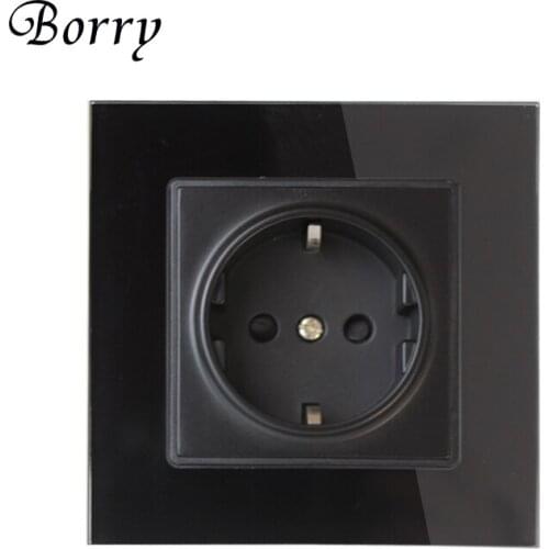 Borry EU Standard Power Socket Wall-mounted Glass Socket Block Grounded AC 110 ~ 250V 16A Wall-Mounted, Power 86mm * 86mm black
