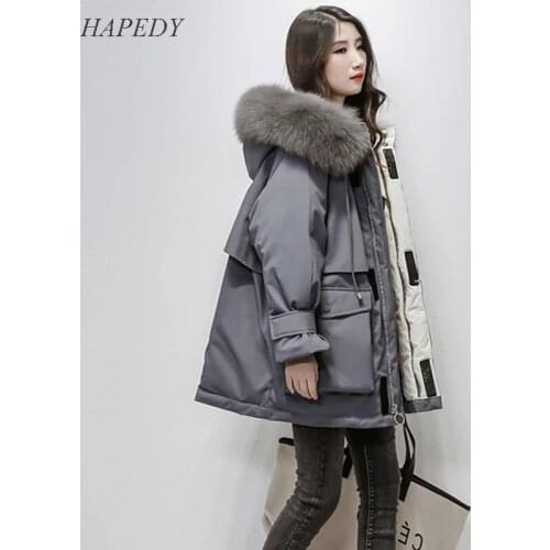 HAPEDY Large Natural Real Fox Fur Hooded Winter Jacket Women 90% White Duck Down Thick Parkas Warm Sashes Big Pockets Snow Coat