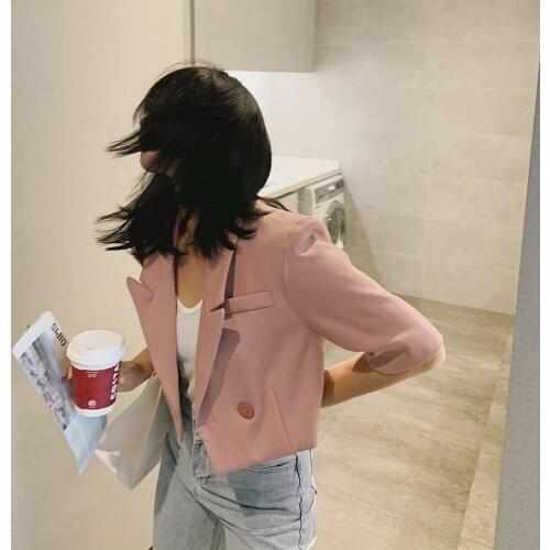 2021 Pink Womens Cropped Jacket Blazer Suit With Shorts Coats Clothing Spring Summer Female Outfit Office Za Woman Short Sleeve