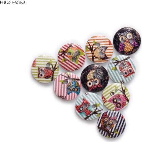 50pcs Variety styles Cute Owl Round Wooden buttons Sewing Scrapbook Clothing Gifts Crafts Handwork Accessories 15mm