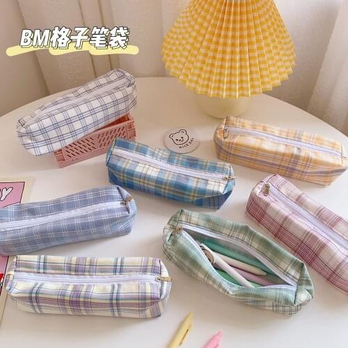 Color Plaid Pencil Case Cute Large Capacity Pencil Bag Creative Korean Pouch Student Children Back To School Pencil Bag