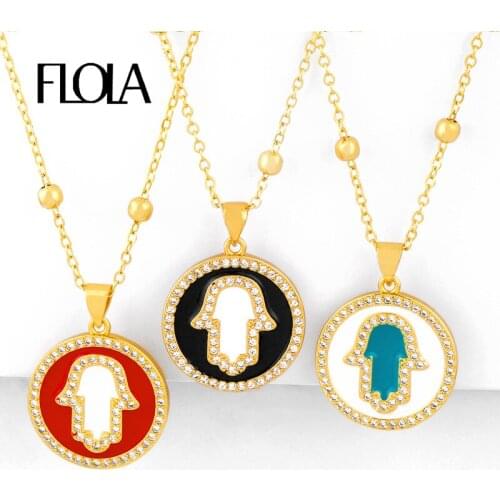 FLOLA Gold Filled Fatima Hand Necklaces For Women Crystal Round Hamsa Enamel Pendents Necklaces CZ Cubic Zirconia Jewelry nkeq12