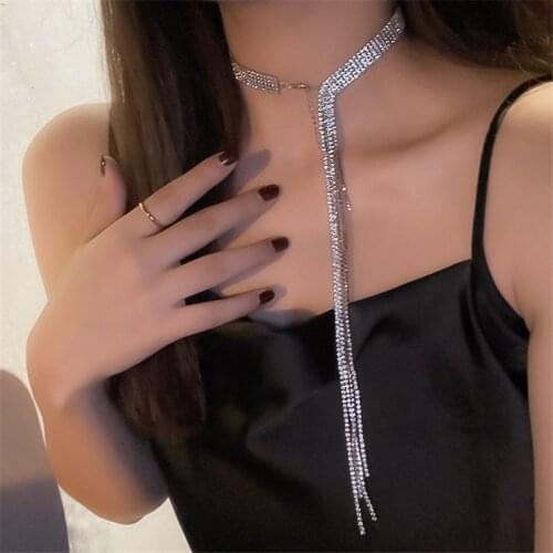 IOY IRENE 2021 Shine Full Rhinestones Choker Necklaces For Women Retro Tassel Crystal Chain Necklaces Bride Jewelry Gifts