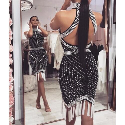 Graceful White Beads Prom Dresses High Neck Sleeveless Backless Evening Dress Custom Made Mini Above Knee Length Party Gown