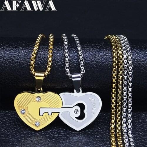 2PCS Love Heart Key Lock Crystal Stainless Steel Couple Necklace Gold/Silver Color Necklace for Women/Men Jewelry joyas NXS01