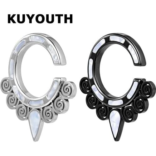 KUYOUTH New Fancy Stainless Steel Whirlpool Flower Pattern White Shell Ear Weight Expanders Body Jewelry Earring Stretchers 2PCS