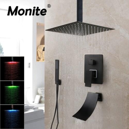 Monite 8 12 16 Inch Matte Black Shower Faucet Rainfall Tub LED Bathtub Rain Square Shower Head Waterfall Shower Faucet Set