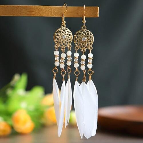 Fashion Long White Feather Beads Tassel Hook Earrings For Women Ethnic Gold Color Metal Dangle Earring Bohemian Summer Jewelry
